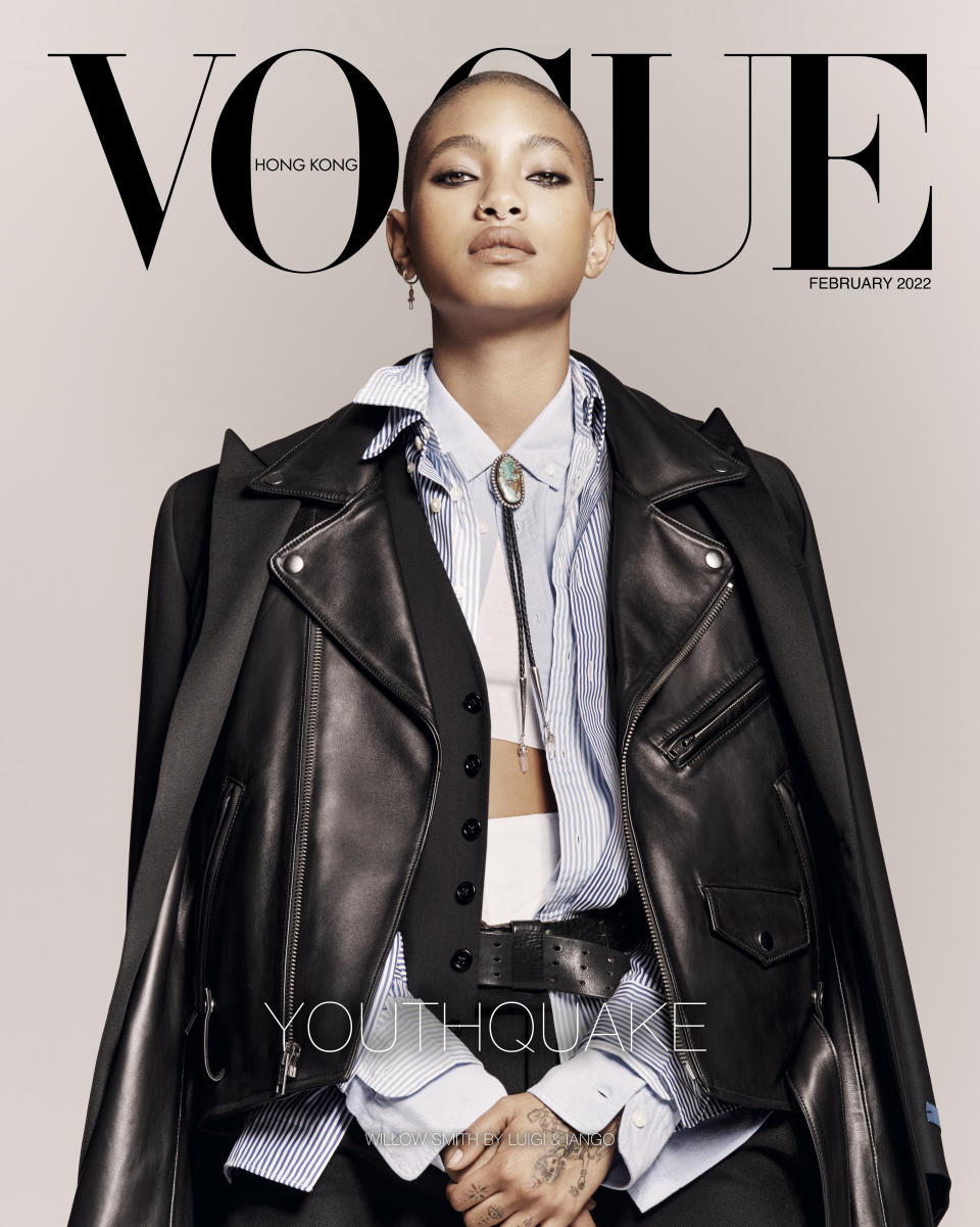 Willow Smith Smith drapes a leather jacket over light coloured shirts and a bolo tie (Vogue Hong Kong/Luigi & Iango/PA)