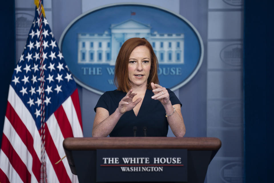 White House press secretary Jen Psaki speaks during a press briefing at the White House, Tuesday, June 8, 2021, in Washington. (AP Photo/Evan Vucci)