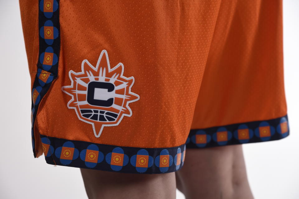 This photo provided by Connecticut Sun on Thursday, April 8, 2021, shows the new Nike "Explorer" edition uniform for the Connecticut Sun WNBA team. As numerous sports teams continue to come under fire for using Native American names and symbols, The Connecticut Sun is putting them on their new jerseys with the input of the team's owners—the Mohegan Indian tribe. (Connecticut Sun/Khoi Ton via AP)