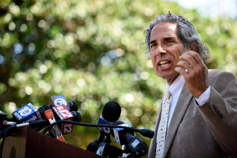 Attorney and second generation rabbi, Barry Silver, speaks about Moses from the Torah and the need for justice for Corey Jones during a press conference outside the courthouse in Palm Beach Gardens, Fla., on Wednesday, April 27, 2016. (Daniel Owen / The Palm Beach Post)