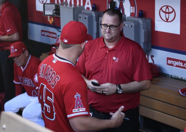 ANAHEIM, CA - JUNE 09: Los Angeles Angels center fielder Mike Trout (27)  looks on during batting practice before the MLB game between the Seattle  Mariners and the Los Angeles Angels of