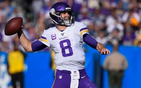 Minnesota Vikings quarterback Kirk Cousins (8) throws a pass during the second quarter against the Los Angeles Chargers at Dignity Health Sports Park - Credit: USA Today