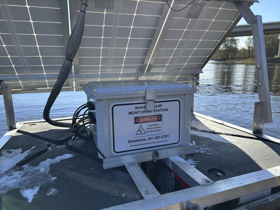 A component of a telemetry receiver that tracks tagged invasive carp is seen in the Mississippi River near La Crosse, Wis. on Monday, Nov. 6, 2023. The solar-powered receiver can transmit real-time notifications of the movements of tagged invasive carp. (AP Photo/Todd Richmond)