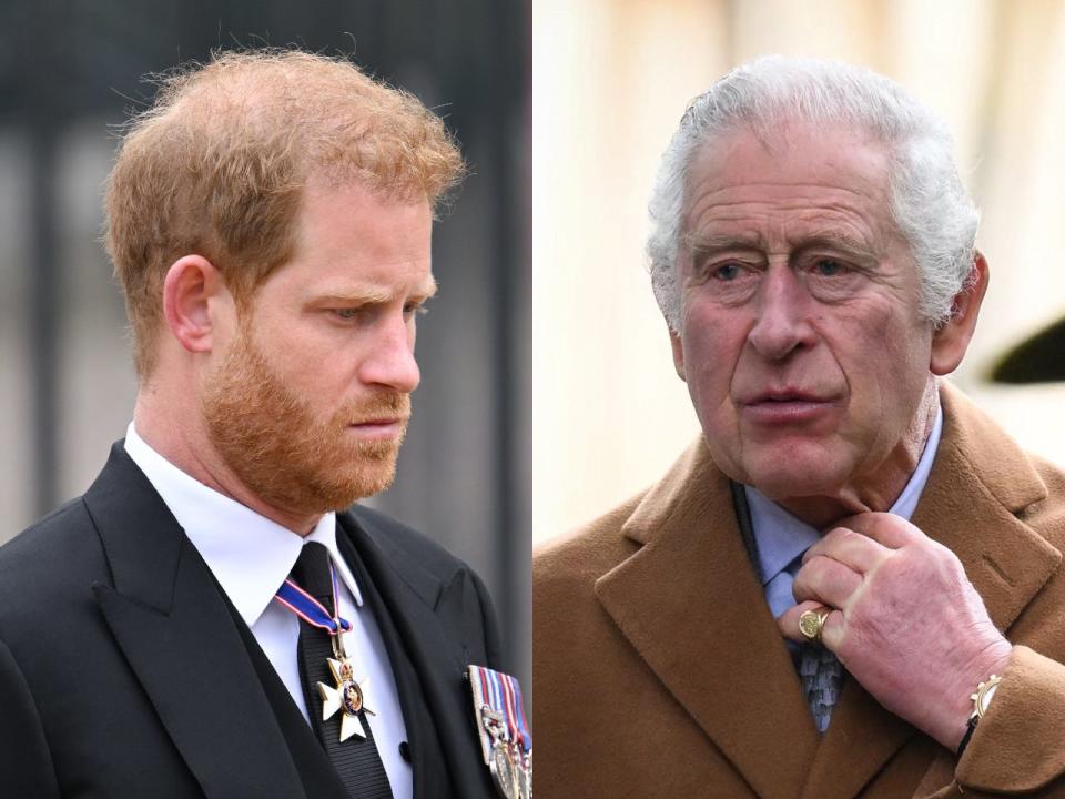 Prince Harry, Duke of Sussex, at Westminster Abbey on September 19, 2022 in London, England (L), King Charles III in Sandringham, Norfolk, on December 25, 2022 (R).