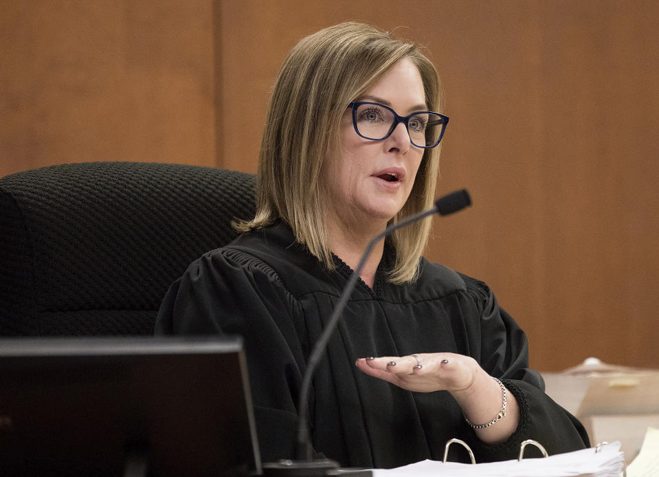 FILE - The Hon. Kellie Johnson presides over a hearing in Pima County Superior Court in Tucson, Ariz., Aug. 19, 2022. Arizona can enforce a near-total ban on abortions that has been blocked for nearly 50 years, a judge ruled Friday, Sept. 23, 2022, meaning clinics statewide will have to stop providing the procedures to avoid the filing of criminal charges against doctors and other medical workers. (Mamta Popat/Arizona Daily Star via AP, Pool,File)