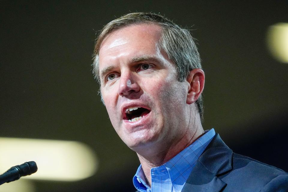 Kentucky Governor Andy Beshear addresses the VFW National Convention in Louisville, Kentucky, Monday, July 29, 2024