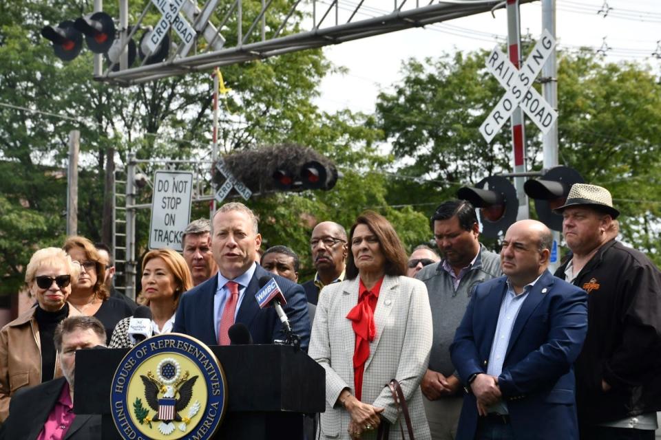 U.S. Rep. Josh Gottheimer speaks at a press conference Friday during which state officials lamented a decision by the federal government that will further delay construction of a light rail extension into Bergen County.