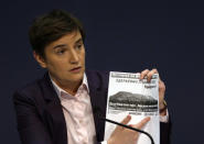 Serbian Prime Minister Ana Brnabic speaks during a press conference in Belgrade, Serbia, Thursday, Jan. 20, 2022. Trying to defuse protests by environmentalists, Serbia's populist government declared Thursday it is canceling all rights that would help mining giant Rio Tinto launch a lithium mine in the Balkan country. (AP Photo/Darko Vojinovic)