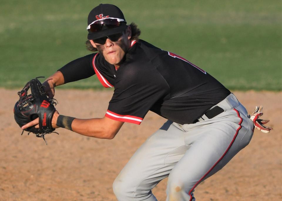 New Home's Logan Addison prepares to throw to first base against Albany in Game 1 of their Region I-2A final series Thursday, June 2, 2022, at Moffett Field in Snyder.