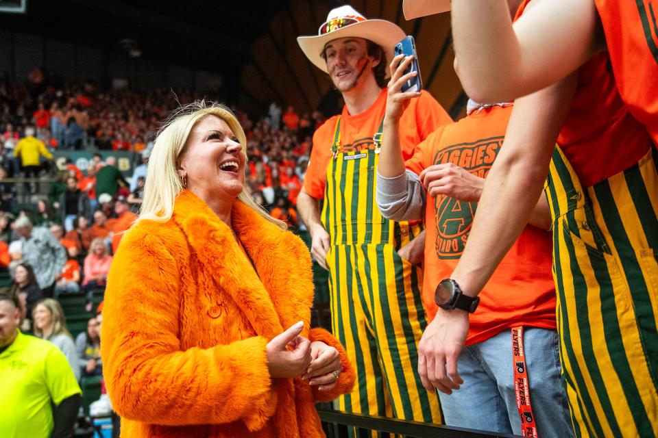 CSU president, Amy Parsons interacts with students during a game against UNLV at Moby Arena in Fort Collins on Jan. 19.