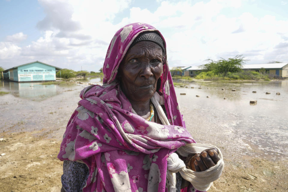 Gabey Aliow, 65- years-old, shows her broken hand that she claims she sustained when she was running away from flood waters, in Mandera County, Kenya, Wednesday, Dec. 13, 2023. Rains began pounding the country in October. At the end of November Kenya President William Ruto convened an emergency cabinet meeting saying 38 of Kenya’s 47 counties had been affected by floods and mudslides made worse by the El Niño phenomenon. (AP Photo/Brian Inganga)