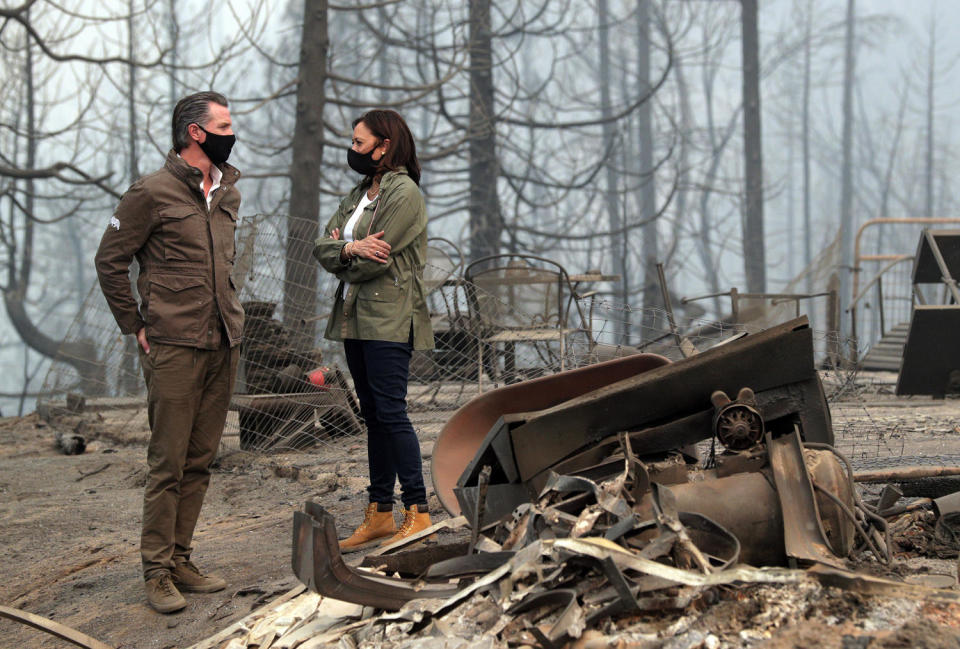 Senator Kamala Harris, Democratic vice presidential candidate, met with Governor Gavin Newsom and CalFire officials to review the devastation of the Creek Fire in Pineridge, California, on Tuesday, September 15, 2020 (Carlos Avila Gonzalez/The San Francisco Chronicle via Getty Images archive)