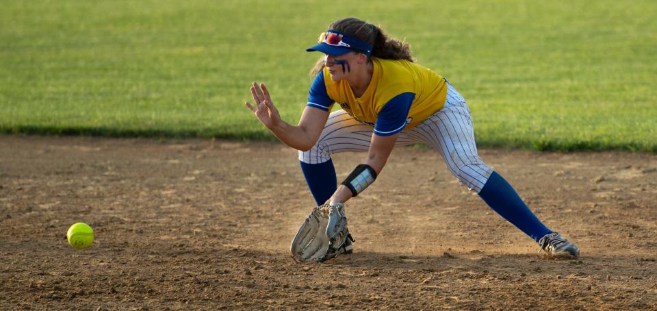 Castle's Jackie Lis (1) tries to field a Bedford North Lawrence grounder during the 2022 IHSAA 4A Softball Regional at Lockyear Field Tuesday evening, May 31, 2022