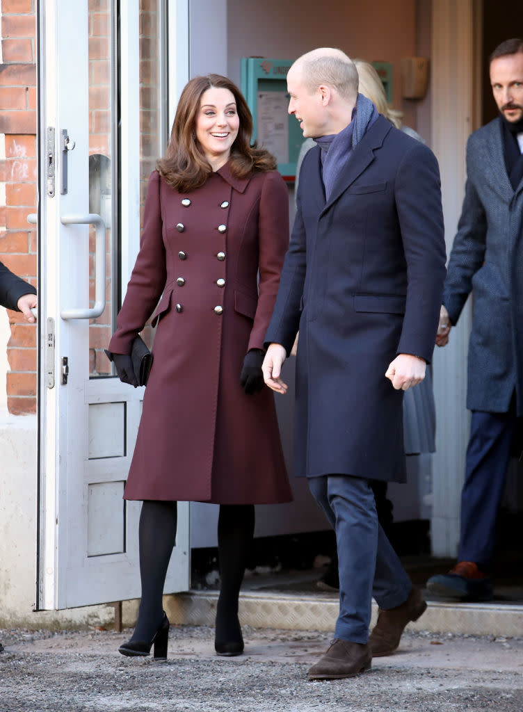 <p><strong>When: Feb. 2, 2018</strong><br>Kate paired her coat with suede heels and a black Mulberry bayswater clutch bag as she and Will greeted the large crowd at Hartvig Nissen School (the location of the Norwegian TV teen drama “Skam”. The royal couple met the actors and producers of the show to learn about how the show brought teen issues to the forefront. <em>(Photo: Getty)</em> </p>