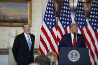 President Donald Trump speaks during an event to present the Presidential Medal of Freedom to Jim Ryun, left, in the Blue Room of the White House, Friday, July 24, 2020, in Washington. (AP Photo/Alex Brandon)