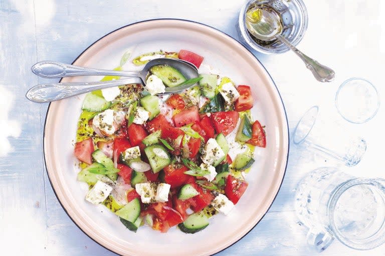 I’ve just returned from a holiday in Corfu and have been grilling fish and serving with various Greek-inspired salads and dips all week.The classic Greek salad is so easy to make and makes for a great light summer supper. To make it, place two tablespoons of extra virgin olive oil, the juice of one lemon, one clove of crushed garlic and one teaspoon of dried oregano into a bowl and whisk to combine. Season with salt and pepper. In a large mixing bowl, place one chopped cucumber, 12 cherry tomatoes halved, 200g of crumbled feta cheese, half a thinly sliced red onion, eight kalamata olives pitted and sliced and finely chopped mint leaves before dressing.My favourite Greek dip is taramasalata, which is completely addictive. It’s a creamy blend of pink or white fish roe (I prefer the white roe) served with a drizzle of extra virgin olive oil and some bread sticks. One evening we had ouzo ice cream from a small shop close to where we were staying. It was sensational, the aniseed flavours of the ouzo whispering through the creamy vanilla ice cream. Last Sunday I served good-quality vanilla ice cream and poured ouzo on top, and it was good — not as good as the one in Corfu but a Greek island flashback in our garden at home. Have it for dessert after this, my favourite Greek-inspired salad. Watermelon, feta and mint saladServes: 4Prep time: 15 minutes Serve with: chardonnay from Rustenberg, South Africa — available at Waitrose for £13.99. Ingredients * 400g watermelon, chopped and seeds removed * 450g cherry tomatoes, chopped * 1 large cucumber, diced * 1 spring onion, finely sliced * 2 tablespoons extra virgin olive oil * 1 tablespoon balsamic vinegar * 250g feta cheese, crumbled * 1 teaspoon dried oregano * sea salt and freshly ground black pepper Method 1\. Put the watermelon, tomatoes, cucumber and spring onion in a large serving bowl.2. Pour the oil and balsamic vinegar over them and season with salt and pepper. Sprinkle over the oregano and mix well. Crumble the feta over the salad and serve.Follow Clodagh on Instagram @clodagh_mckenna.