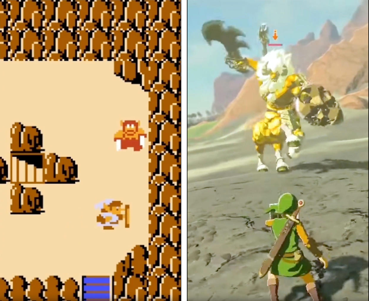 Dos versiones de los lynels, que se asemejan a un centauro, en el juego original de “The Legend of Zelda”, a la izquierda, y como uno de los enemigos más temibles en “Breath of the Wild”, la entrega más reciente de la franquicia. (Nintendo vía The New York Times).