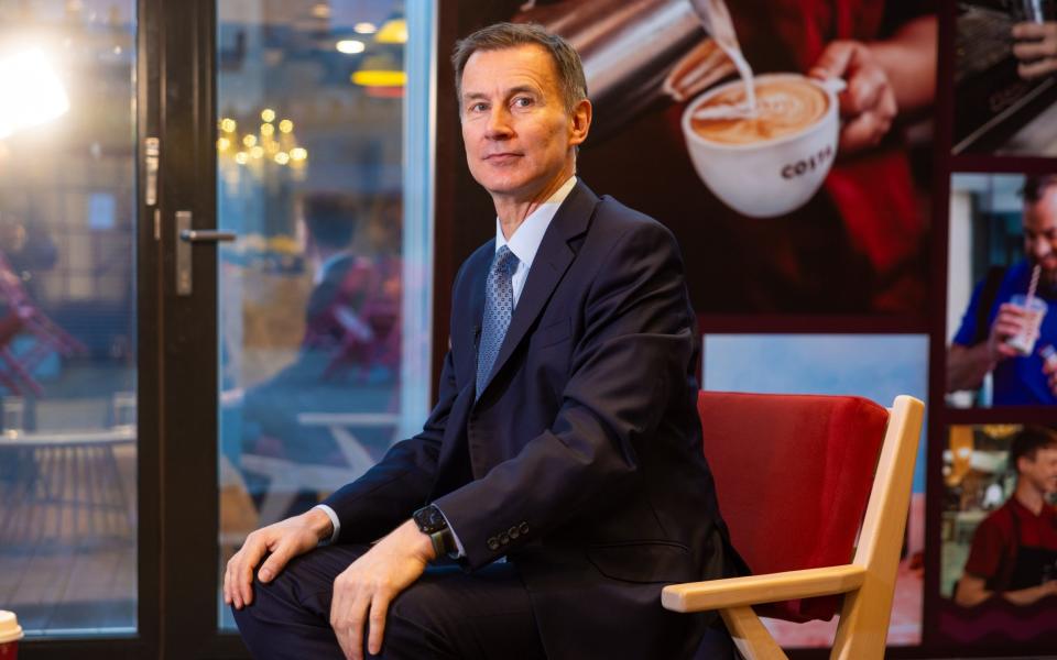 Jeremy Hunt, the Chancellor, is pictured today as he took part in a series of interviews with broadcasters