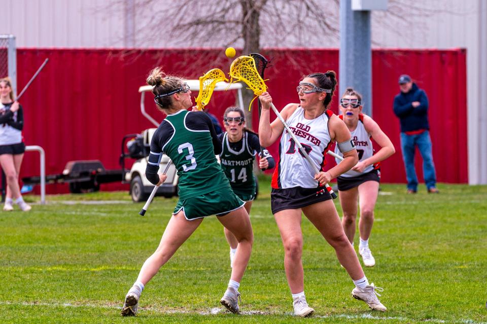 Dartmouth's Sorelle Lawton and Old Rochester's Maddie Wright square off on a face off at midfield.