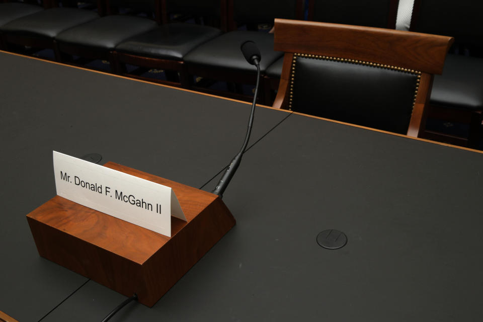 A name plate for McGahn sits on the witness table prior to a House Judiciary Committee hearing in which he was subpoenaed to testify May 21, 2019, on Capitol Hill. President Donald Trump directed McGahn not to comply with the subpoena. (Photo: Alex Wong via Getty Images)