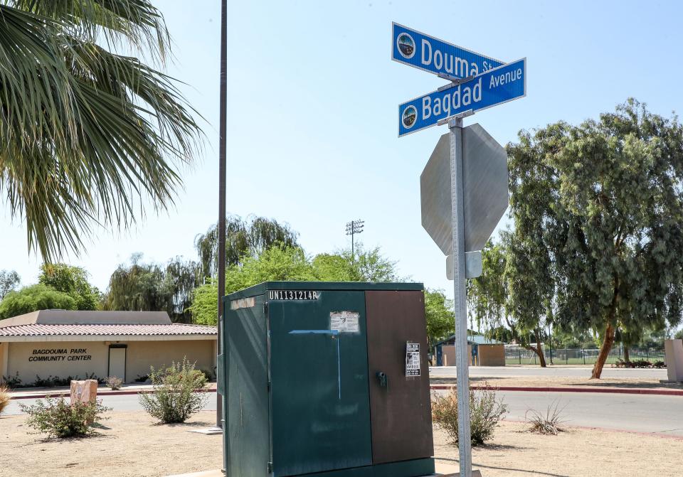 The intersection of Bagdad Avenue and Douma Street in Coachella, near the area where a woman and her son were shot Monday.