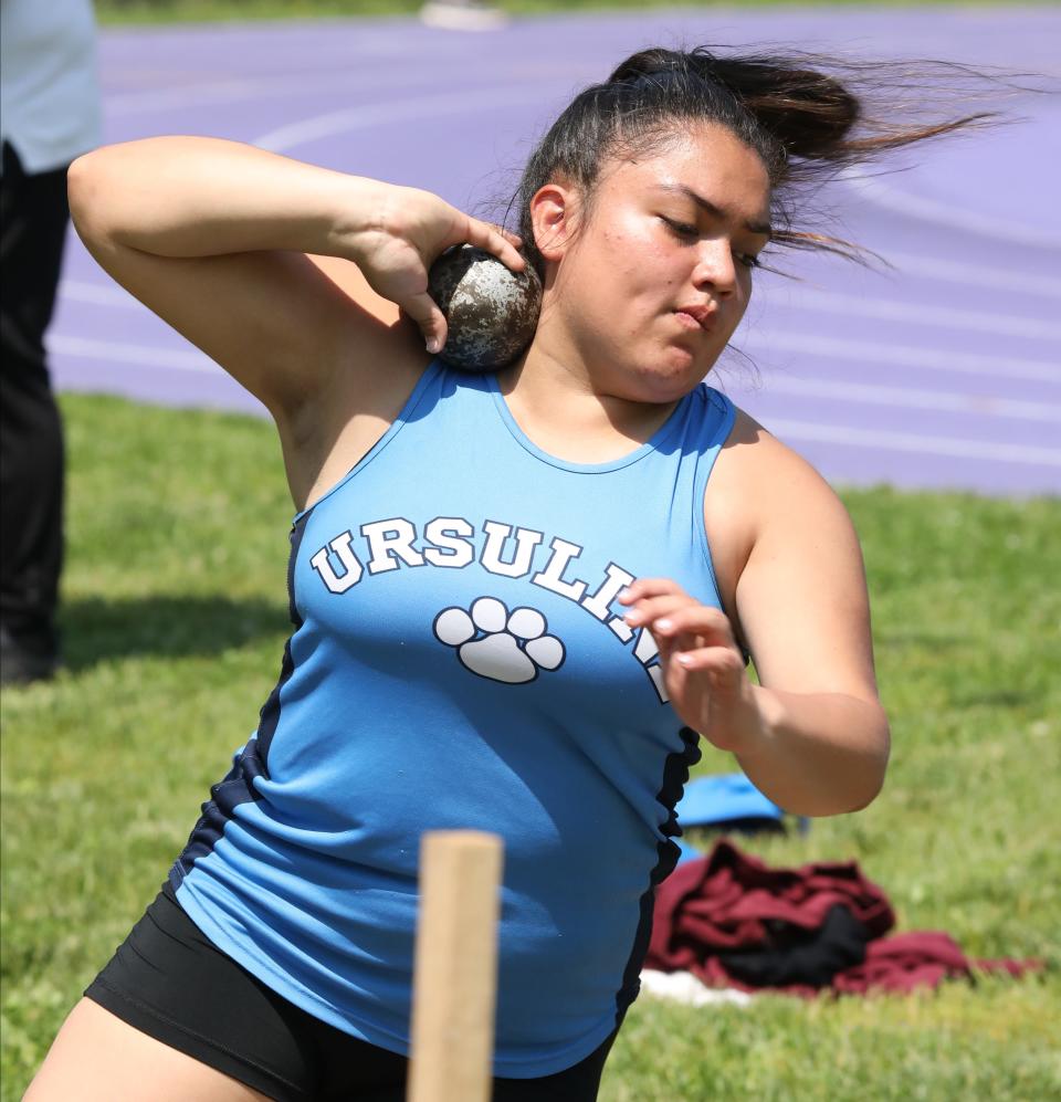 Prizila Negrete from The Ursuline School competes in the shot put day 2 of the Westchester County Track & Field Championships held at John Jay High School in Cross River, May 21, 2022. 