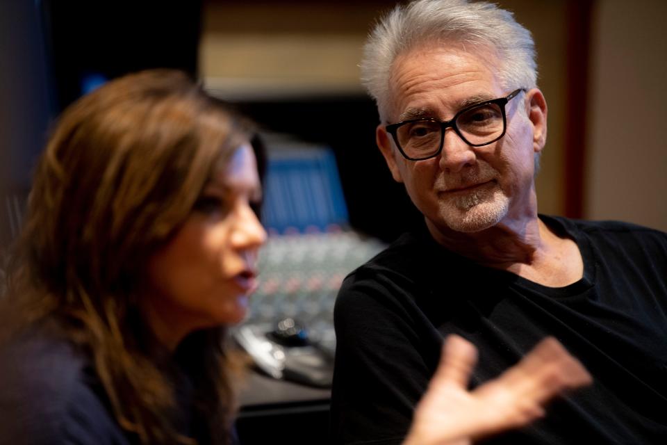 Martina McBride talks about the process of working in studio while her husband John McBride looks on at Blackbird Studio in Nashville , Tenn., Wednesday, May 3, 2023.