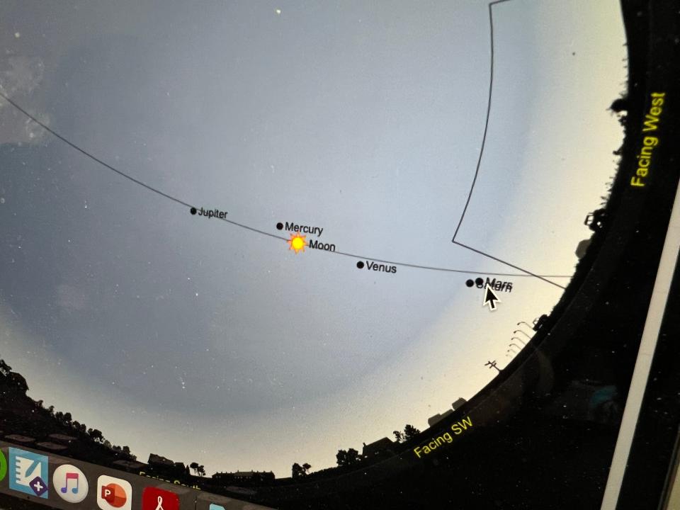 Five planets may be visible in the day sky during the time the skies darken during a total solar eclipse on April 8. Here's where to locate those planets in relation to the sun and moon, as seen through Sky & Telescope's sky chart.