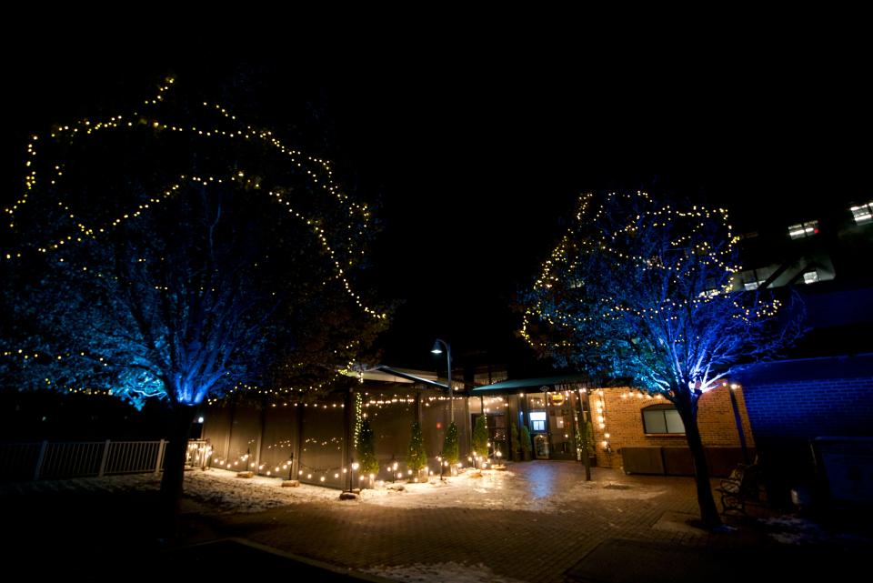 Christmas lights on the trees outside Waterworks Food + Drink in Winooski, on Dec. 1, 2021.
