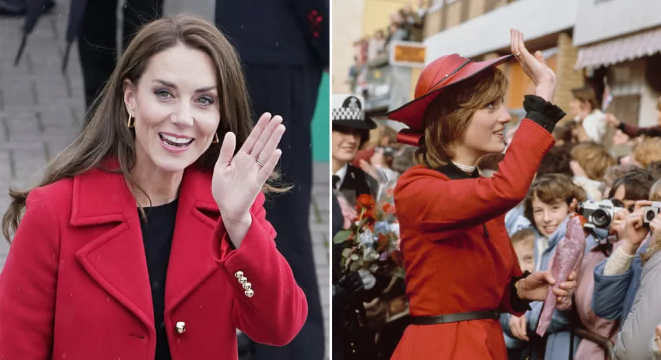 Kate trägt bei ihrem ersten Besuch als Prinzessin in Wales Rot – genau wie Diana vor 40 Jahren