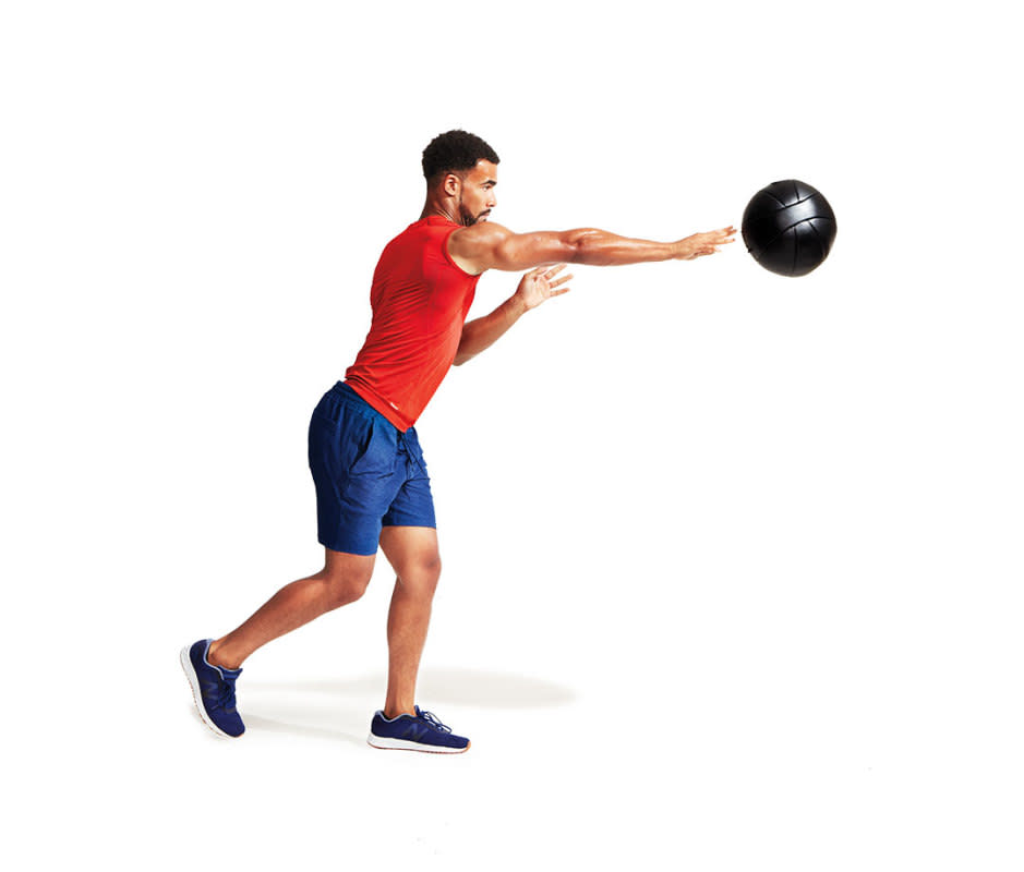 How to do it:<ol><li>Stand facing a sturdy wall, 5 feet away, with feet slightly wider than shoulder-width apart, elbows bent at rib cage, medicine ball just below sternum, and elbows pointing outward. </li><li>Step right foot back into a lunge, rotate torso clockwise slightly, bringing ball toward your right shoulder, supporting it with your right hand.</li><li>Keeping core tight and neck neutral, drive through left heel as you step forward with your right foot to forcefully throw medicine ball against wall with right hand. Collect medicine ball, reset, and repeat.</li></ol>