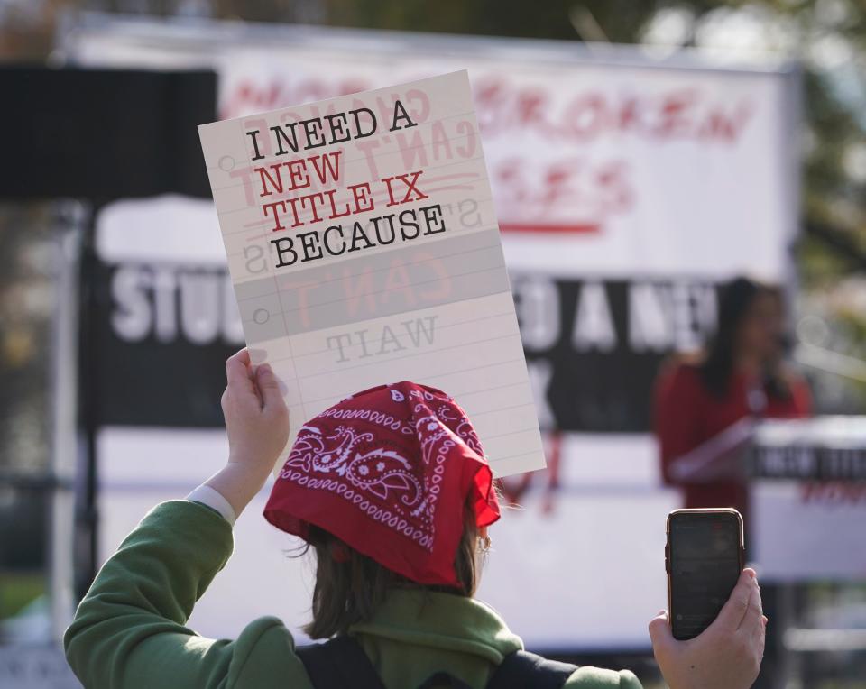 Students and advocates rally to call for the Biden administration to release a final Title IX rule in Washington, DC on Tuesday, Dec. 5, 2023.