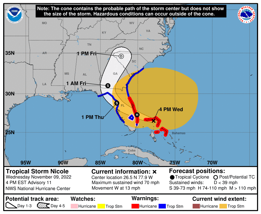 This graphic shows an approximate representation of coastal areas under a hurricane warning (red), hurricane watch (pink), tropical storm warning (blue) and tropical storm watch (yellow). The orange circle indicates the current position of the center of the tropical cyclone. The black line, when selected, and dots show the National Hurricane Center (NHC) forecast track of the center at the times indicated. The dot indicating the forecast center location will be black if the cyclone is forecast to be tropical and will be white with a black outline if the cyclone is forecast to be extratropical. If only an L is displayed, then the system is forecast to be a remnant low.