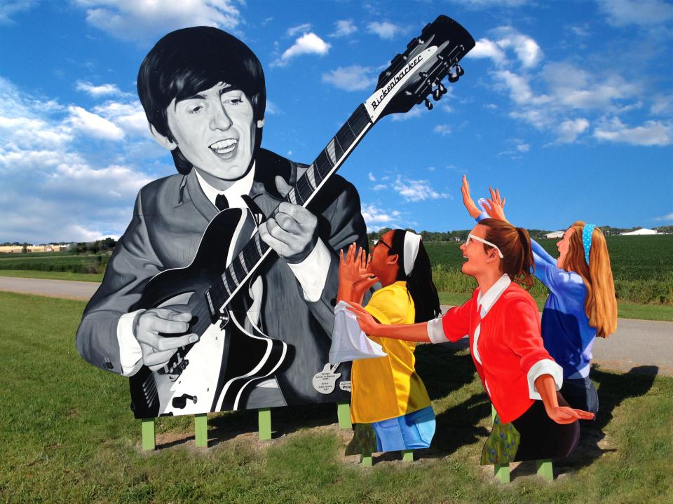 Drivers on Interstate 57 between Memphis and Chicago can see artist John Cerney's George Harrison installation near Benton, Illinois, where Harrison stopped in 1963, making him the first Beatle to visit America.