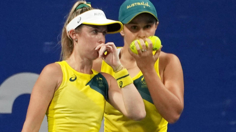 Storm Sanders and Ash Barty, pictured here during their doubles clash with Xu Yifan and Yang Zhaoxuan.