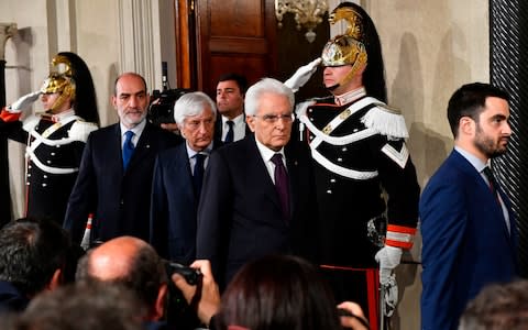 Italy's President Sergio Mattarella arrives to address journalists after a meeting with Italy's prime ministerial candidate Giuseppe Conte on May 27 - Credit: VINCENZO PINTO/ AFP