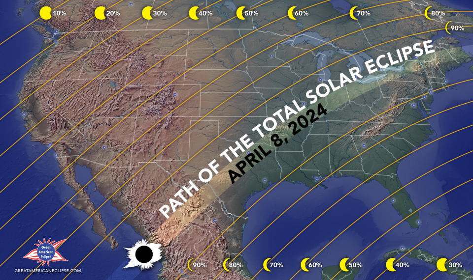 graphic showing the path of the total solar eclipse on April 8, 2024.