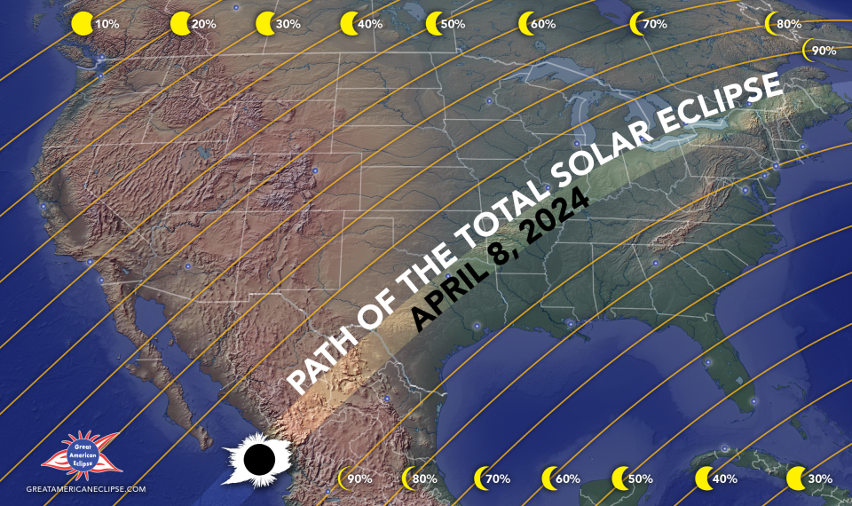 map showing the path of the total solar eclipse on April 8, 2024.