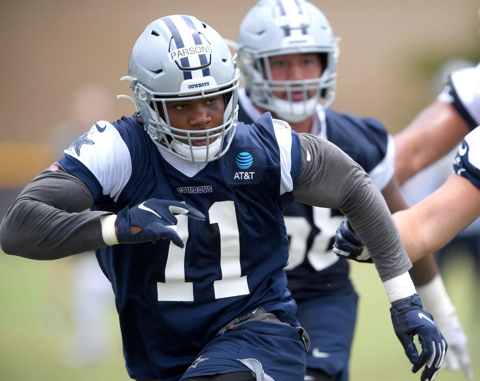 OXNARD, CA - JULY 24: Linebacker Micah Parsons #11 of the Dallas Cowboys battle runs drills during training camp at River Ridge Complex on July 24, 2021 in Oxnard, California. (Photo by Jayne Kamin-Oncea/Getty Images)