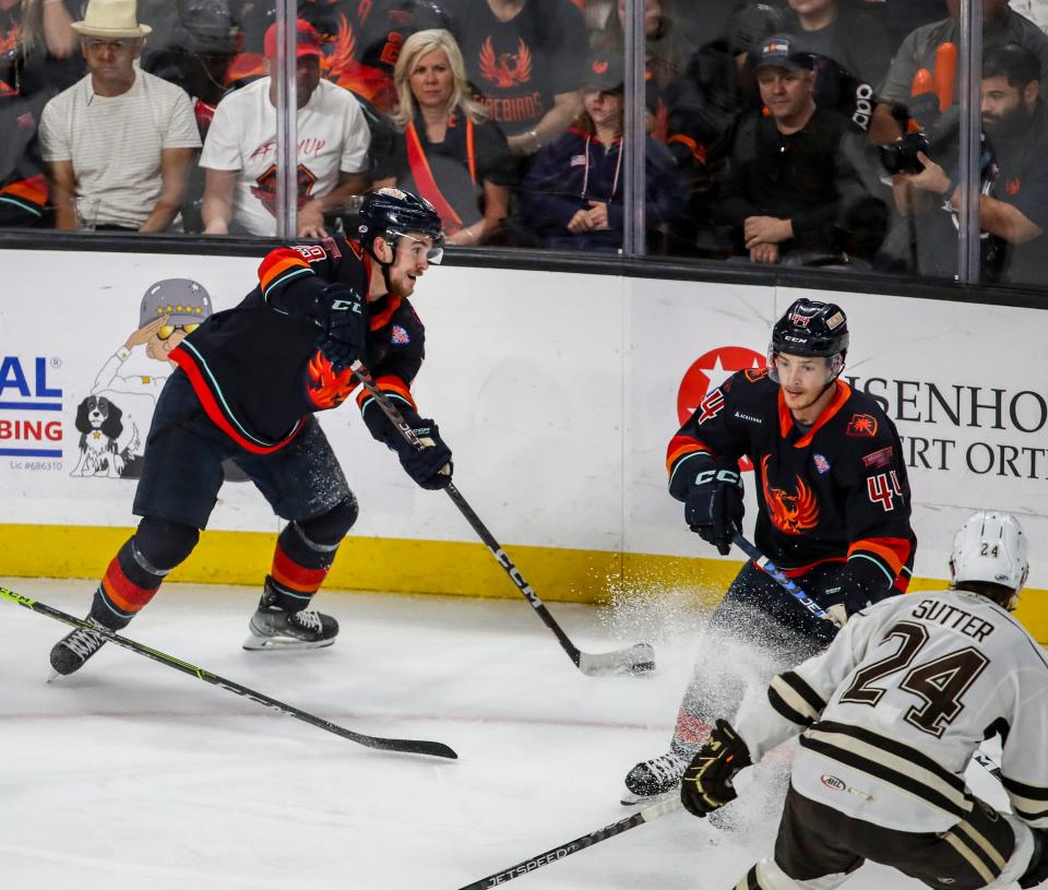 Coachella Valley forward Cameron Hughes (19) looks to make a pass during the first period of Game 2 of the Calder Cup Finals at Acrisure Arena in Palm Desert, Calif., Saturday, June 10, 2023. 