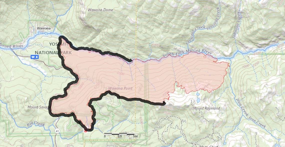 A map of the Washburn Fire’s perimeter on Wednesday, July 20, 2022. The added bold black line indicates areas where the fire is considered contained. The fire’s size on Wednesday was reported at 4,863 acres, with 58% containment.