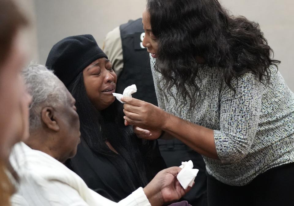 Whitney Mitchell is comforted by her mother, Patricia Kirven, after Daniel Perry sentenced to 25 years for the murder of Whitney’s husband Garrett Foster at the Blackwell-Thurman Criminal Justice Center on Wednesday May 10, 2023.