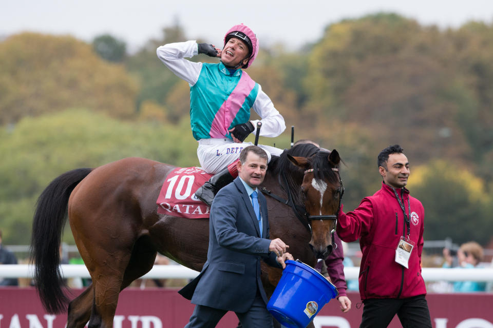 Frankie Dettori riding Enable wins the 97th Qatar Prix de l'Arc de Triomphe at Paris Longchamp in 2018 - their second win in Europe's richest race