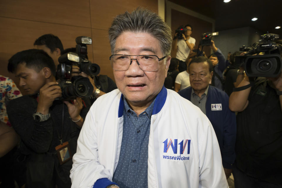 Phumtam Wechayachai, Secretary General of Pheu Thai party walks to hold a press conference at party head quarters in Bangkok, Thailand, Sunday, March 24, 2019. Figures from Thailand's Election Commission show a military-backed party has taken the lead in the country's first election since a 2014 coup. (AP Photo/Wason Wanichakorn)