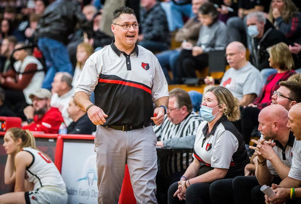 Blackford girls basketball head coach Mitch Waters during the team's game against Eastbrook during their game at Blackford High School Friday, Jan. 28, 2022.