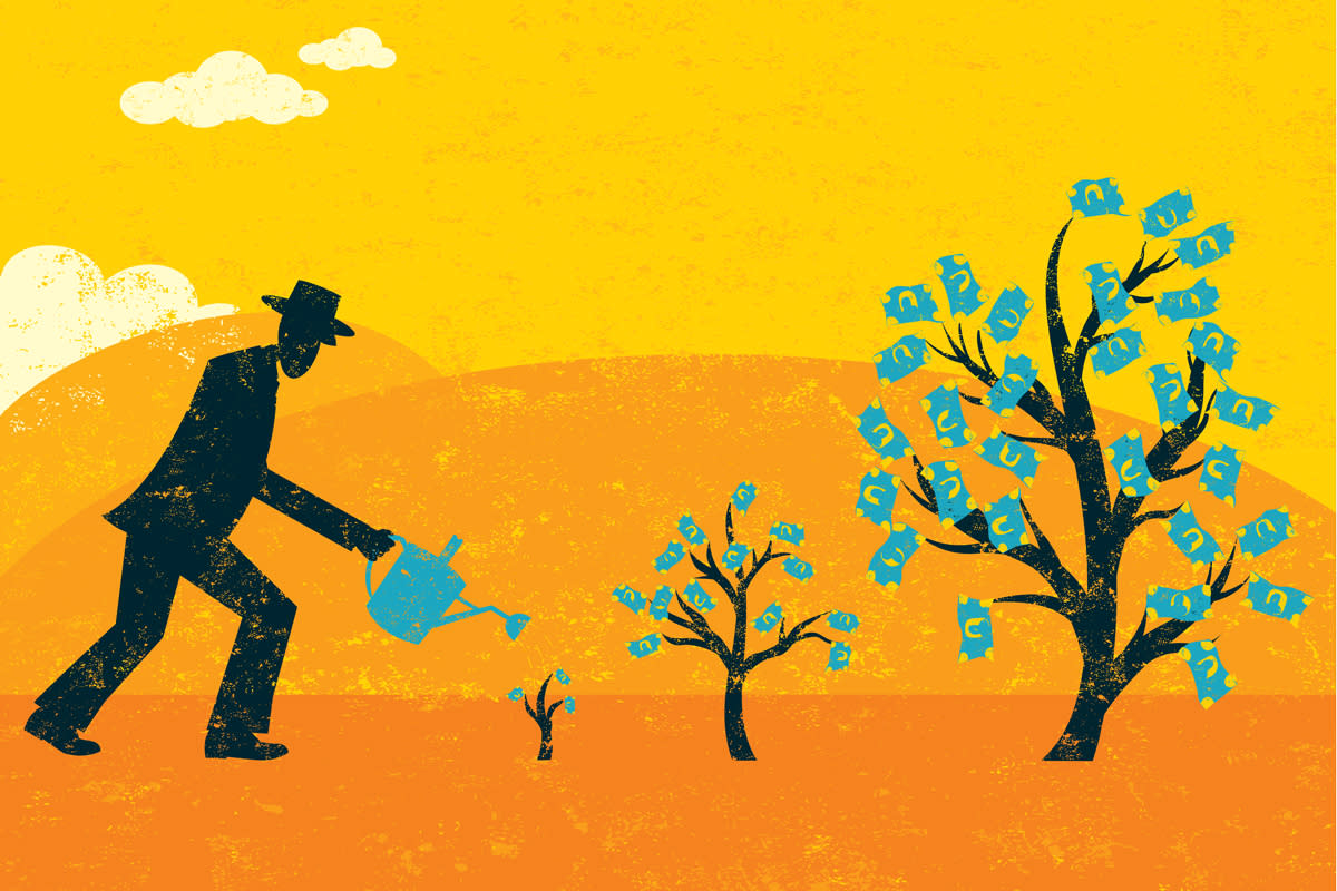 This illustration shows a man watering his growing money trees. 