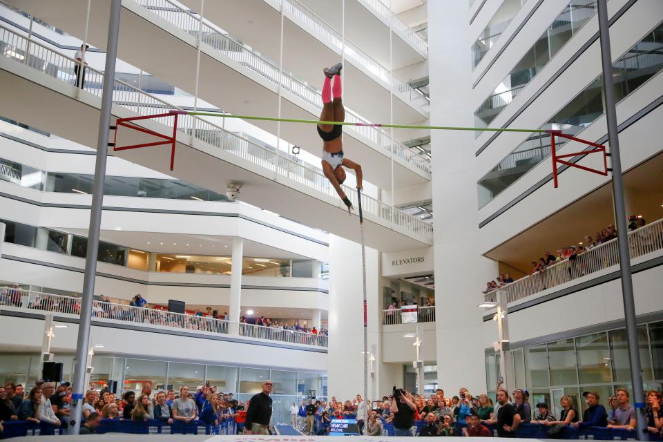 The Capital Square atrium hosts the Drake Relays pole vault in 2019.