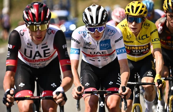 <span class="article__caption">Brandon McNulty rode at the front to blow up the stage to finish third.</span> (Photo: MARCO BERTORELLO/AFP via Getty Images)