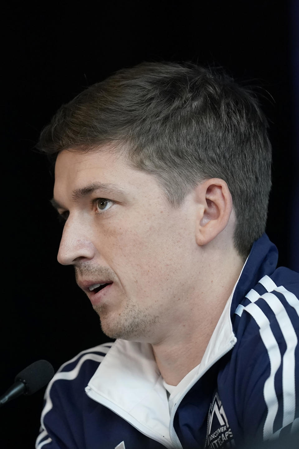 Vancouver Whitecaps' Ryan Gauld speaks during MLS soccer media day in San Jose, Calif., Tuesday, Jan. 10, 2023. (AP Photo/Jeff Chiu)