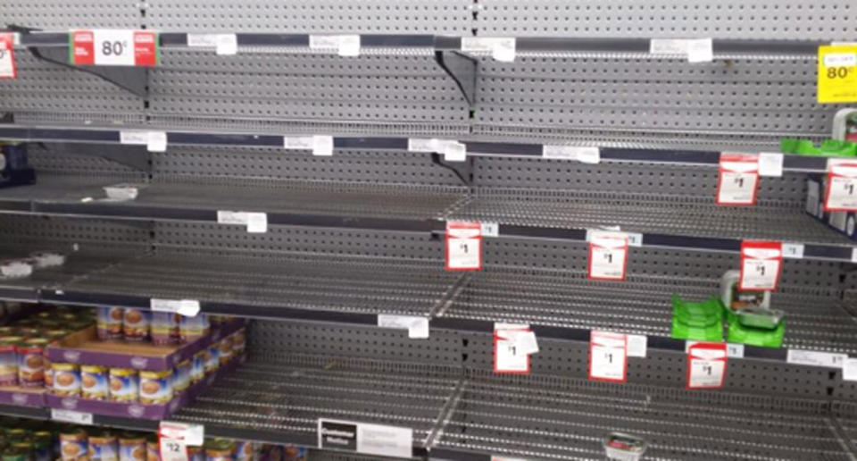 Empty shelves at a Woolworths in Sydney posted on social media on Sunday. Source: Facebook/ Harry Bokenham